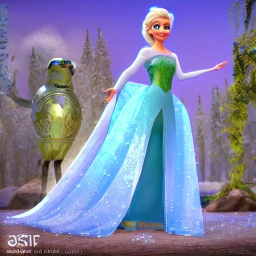 Image similar to minion as Princess Elsa from Frozen Disney, 3d ray tracing, HD, rendered, highly detailed model