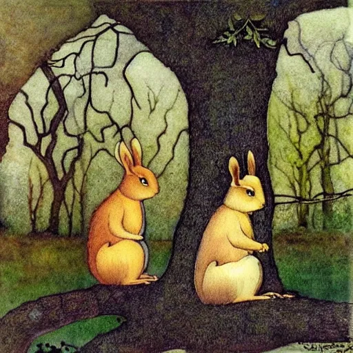 Image similar to two squirrels sitting in a tree, a rabbit sits underneath the tree, in the style of john bauer