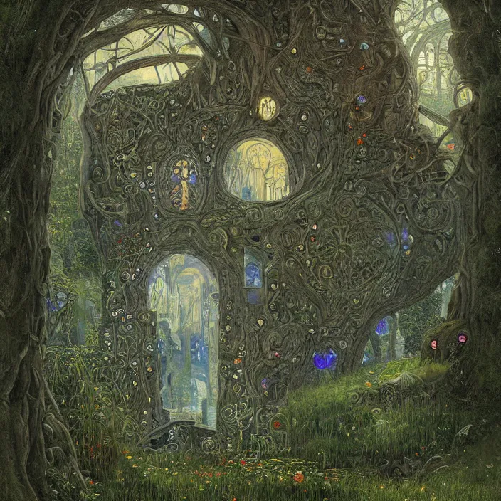 Image similar to ancient overgrown! ruins, medieval gates, runestones, mysetrious etherial mesmerizing runic!! cat eyes, magical elven geometry, concept art by gustav klimt!!, deviantart contest winner, environmental art, fairy circle, lit by moonlight!!, high detail, intricate masterpiece