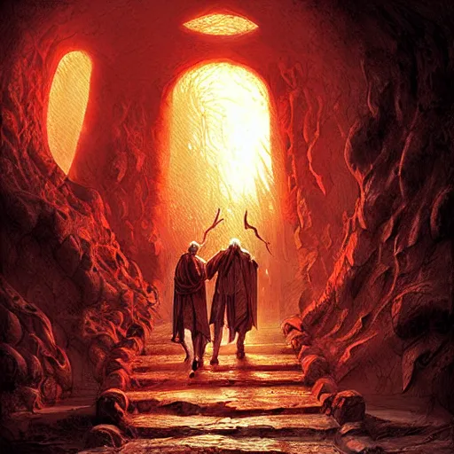 Prompt: Dante Alighieri and the poet Virgil walking through the gates of hell, by Marc Simonetti