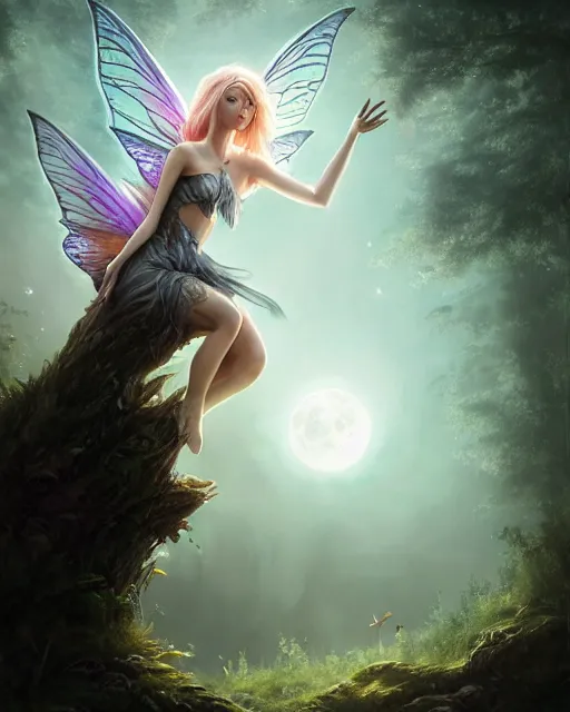 Image similar to attractive fairy goddness fly high in the night, d & d, fantasy, mist, full moon in background, trees, hyper detailed, art by artgerm and greg rutkowski and magali villeneuve, midium shot, 8 k realistic, cryengine, digital painting, trending on artstation, concept art, sharp focus, illustration,