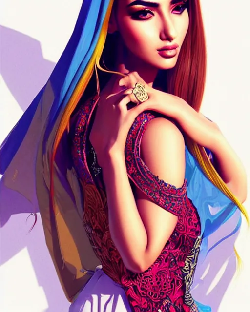 Image similar to richly detailed color illustration of very very very very very beautiful Arab fashion model illustrated by Artgerm and Mina Petrovic and Timothy Kong and Marina Federovna. 3D shadowing