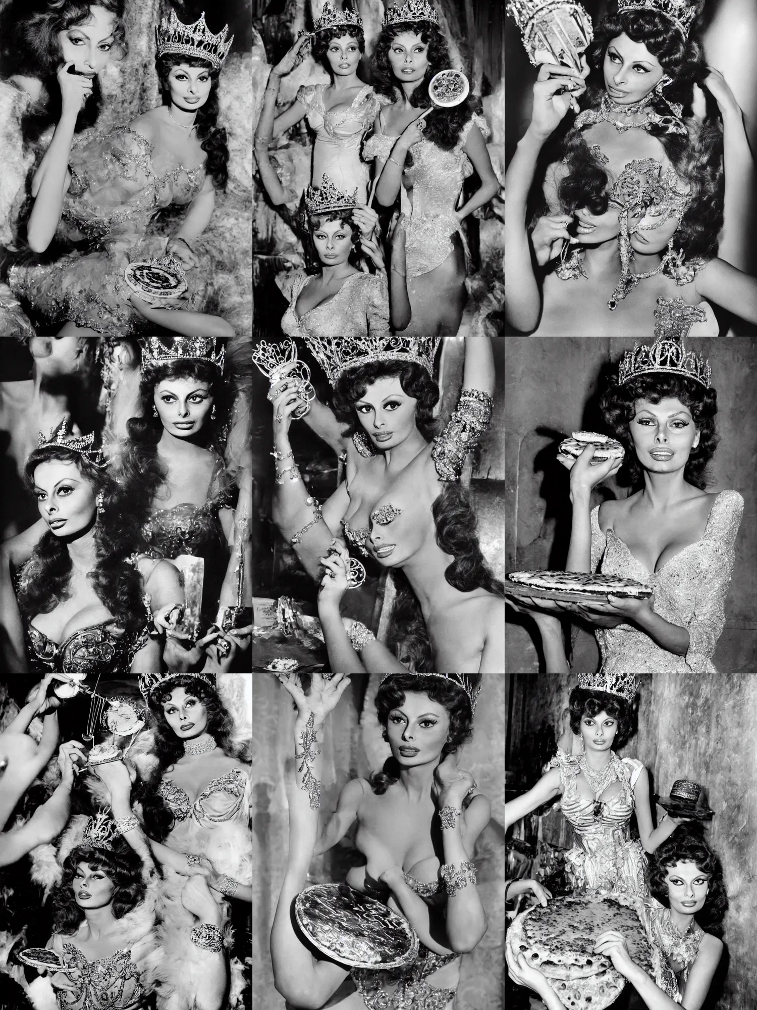Prompt: a photo of young sophia loren, posing as a queen, wearing tiara, intricate gown, presenting a pizza!!!!! margherita, beautiful, stunning, smooth lighting, exquisit detail, masterpiece, burlesque photo by letizia battaglia