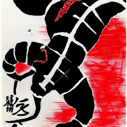 Prompt: scorpion red white and black drawn by Shuichi Shigeno and Michiharu Kusunoki pen ink drawing