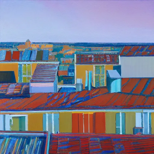 Image similar to Brighton roof tops looking west, evening light, painted by Wayne Thiebaud