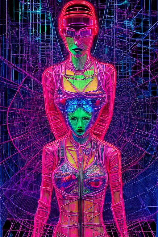 Image similar to dreamy cyberpunk girl, neon leather, detailed acrylic, wireframe fractals, intricate complexity, by dan mumford and by alberto giacometti, peter lindbergh