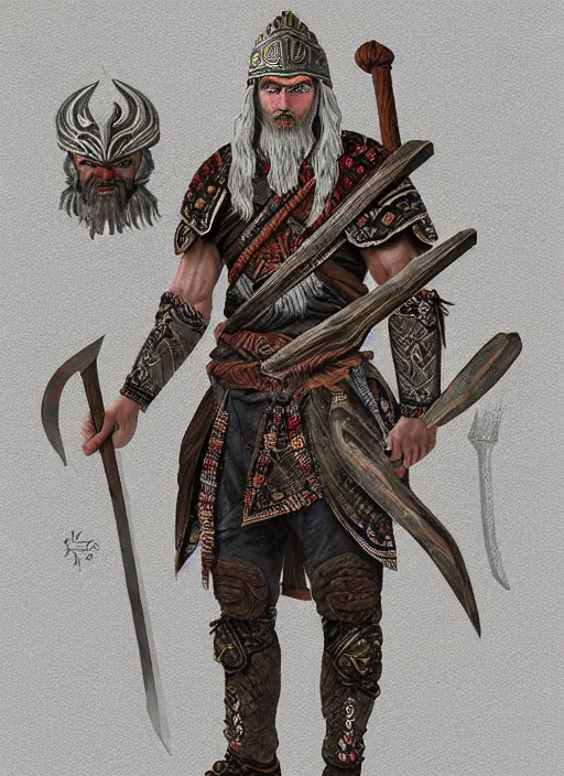 Image similar to ancient slavic warrior thunder god highly detailed concept art, slavic folklore embroidery symbols, maxim sukharev