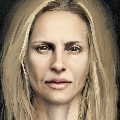 Image similar to Portrait of a woman by Greg Rutkowski, she is about 40 years old, pretty, blond hair with two strans around her face, slavic features, melancholic gaze, pretty aquiline nose, stressed but loving and affectionate mother vibes, she is wearing a black and white utilitarian jumpsuit, highly detailed portrait, digital painting, artstation, concept art, smooth, sharp foccus ilustration, Artstation HQ.