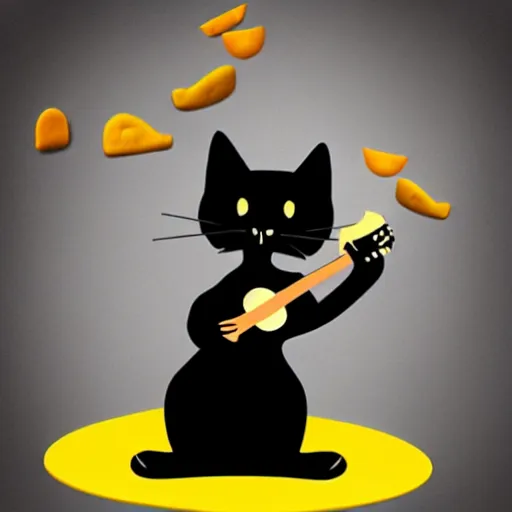 Image similar to A Hyperealistic black Cat with a body made out of cheese playing guitar.