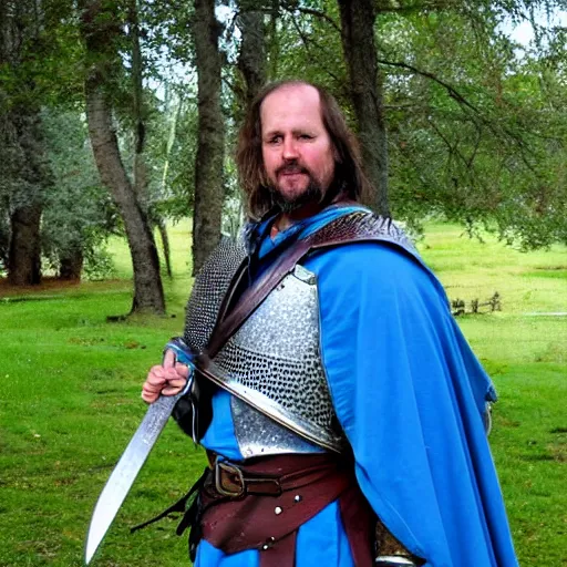 Prompt: bjorn of backwater - honorable knight of francia, standing with his blue shield at the ready and a short sword in his hand, real life, renaissance fair