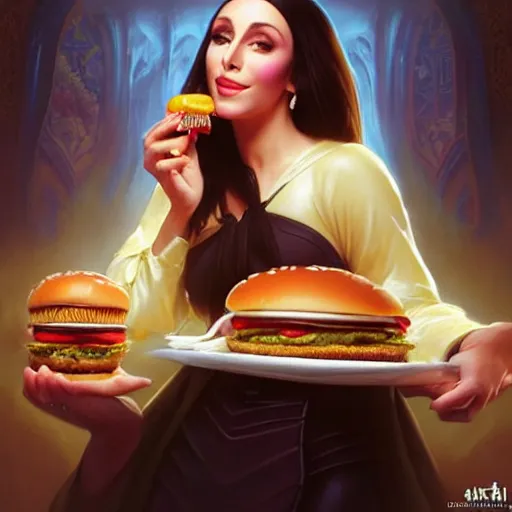 Image similar to Cher eating a mcdonald's big mac hamburger, dripping BBQ Sauce, serving burgers, intricate, elegant, feminine ethereal, hearthstone, D&D, magical mystical, highly detailed, digital painting, artstation, concept art, matte, sharp focus, hyperreal, art by Artgerm and Greg Rutkowski and Alphonse Mucha