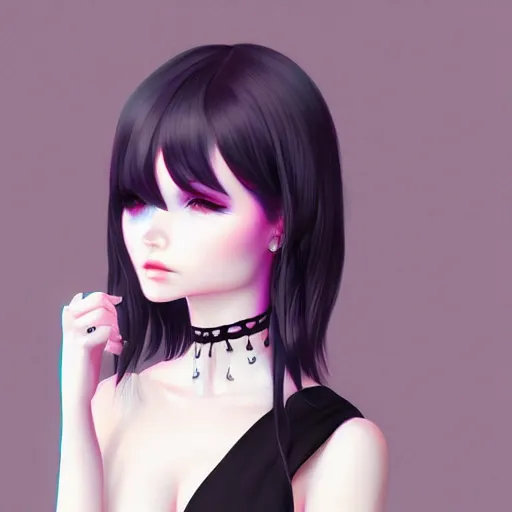 Image similar to cute beautiful goth gf e-girl, elegant, 2d, ultra highly detailed, digital painting, smooth, sharp focus, artstation, pixiv, pastel colors, art by Ilya Kuvshinov