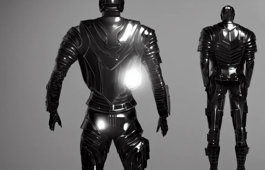 Image similar to futuristic warrior with black latex, with his back to the viewer, futuristic latex armor, back light, full body view, 8 k, 3 d render, cinematic lighting