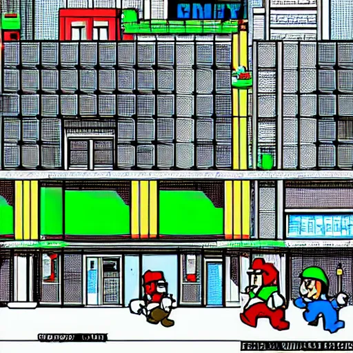 Prompt: a street corner view of a soylent green future city in the style of super mario brothers 3