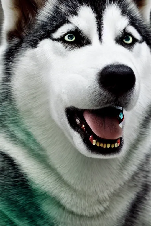 Image similar to proud husky with green flowing hair and heterochromia, studio lighting, realistic, beautiful, chromatic aberration, 4 k, in focus, very detailed, global illumination