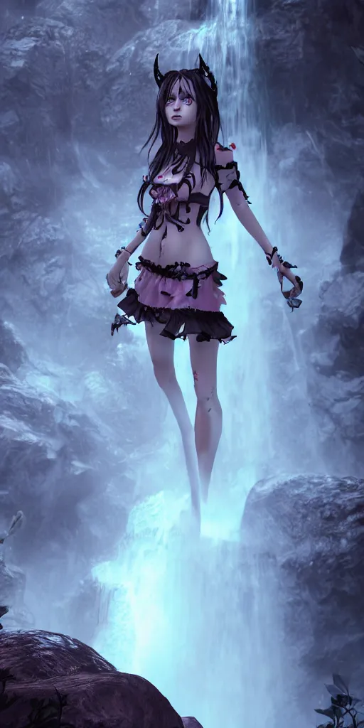 Prompt: full shot portrait of angry darkness Clara Morgane as a cute anime girl under waterfall at moonlight, gothic wearing, inspired by Tim Burton, Norihiro Yagi, Marc Simonetti, Amano, Juri Misaki, detailed, unreal engine 4k volumetric light, fog,