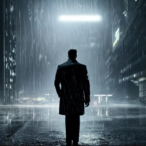 Prompt: ONE SINGLE detective in trench coat looking away from the camera, cyberpunk, futuristic, technology , cinematic lighting, depth of field, highly detailed, volumetric fog, dark, moody, gritty, rain, neon lights