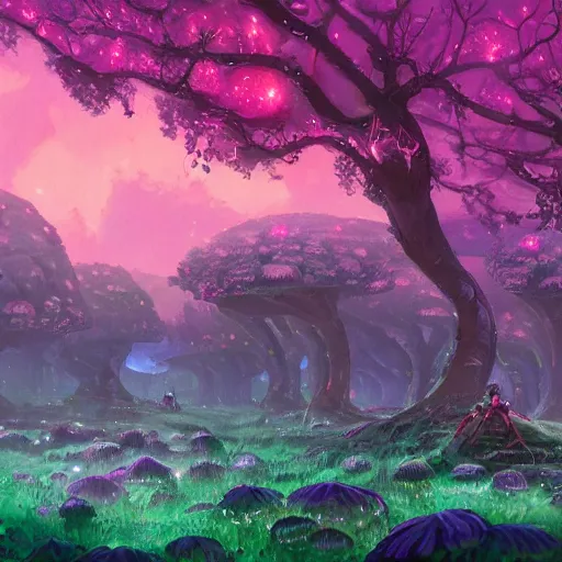 Image similar to concept art painting of a fantasy alien fungal landscape at night, magenta trees, glowing blue mushrooms, village of houses made of mushrooms, dark purple sky, realistic, detailed, cel shaded, in the style of makoto shinkai and greg rutkowski and albert bierstadt and james gurney