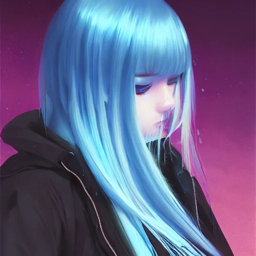 Prompt: water dripping over rimuru tempest, sky blue straight hair, bangs, with amber eyes, black jacket, high collar, ultra detailed, euphoric, masterpiece, digital painting, psychedelic, cinematic, wlop, pixiv, swirly, ilya kuvshinov, ross tran