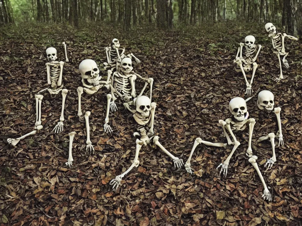 Prompt: frightened screaming human skeletons on amateur home video being attacked by raccoons at night in a dark forest at night, photorealistic amateur photography low camera angle