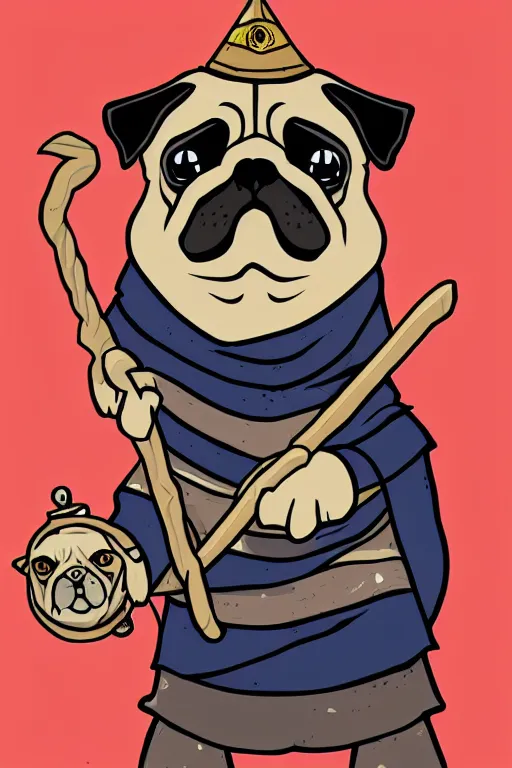 Image similar to Portrait of a pug that is a wizard casting a spell , wizard, medieval, sticker, colorful, casting epic spell, magic the gathering artwork, D&D, fantasy, artstation, heroic pose, illustration, highly detailed, simple, smooth and clean vector curves, no jagged lines, vector art, smooth