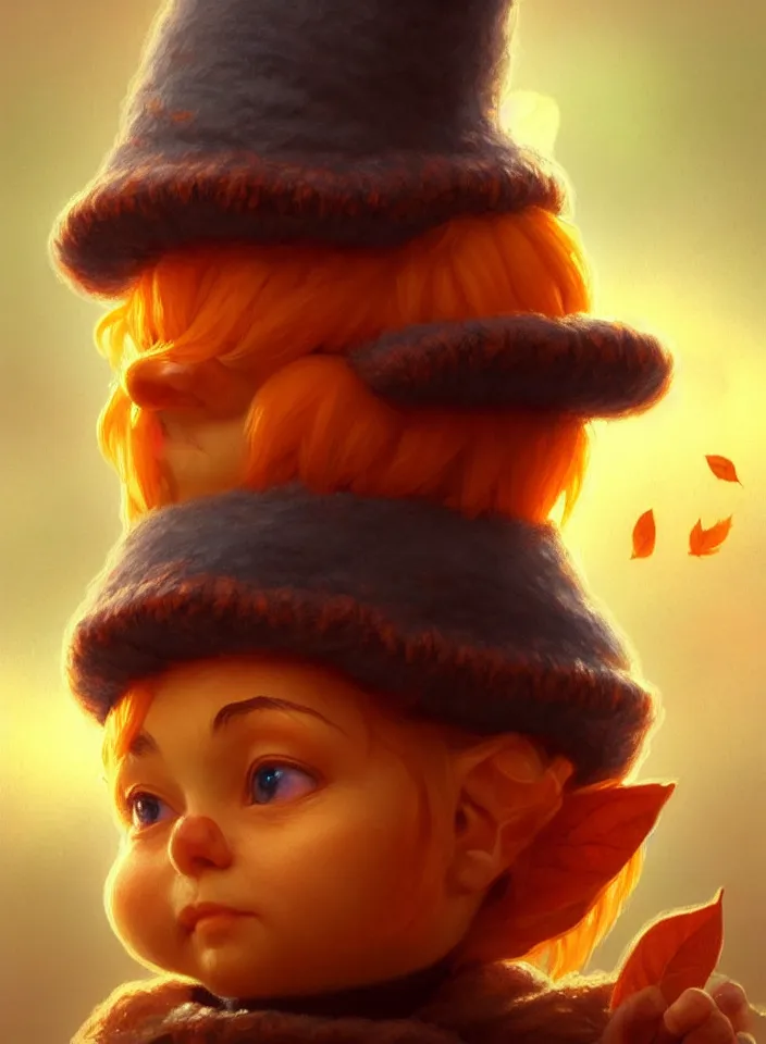 Image similar to hand drawn cute one gnomes face in autumn and pumpkin, detailed closeup face, concept art, low angle, high detail, warm lighting, volumetric, godrays, vivid, beautiful, trending on artstation, art by artgerm and greg rutkowski and alphonse mucha