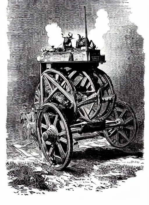 Image similar to 19th century wood-engraving of a steam powered Renault FT tank with no person around, whole page illustration from Jules Verne book, art by Édouard Riou Jules Férat and Henri de Montaut, frontal portrait, high quality, beautiful, highly detailed, removed watermarks