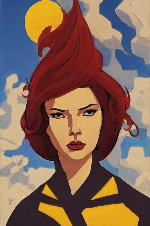 Image similar to black widow ( natasha romanova ), marvel, mountains, artwork by nicholas roerich,