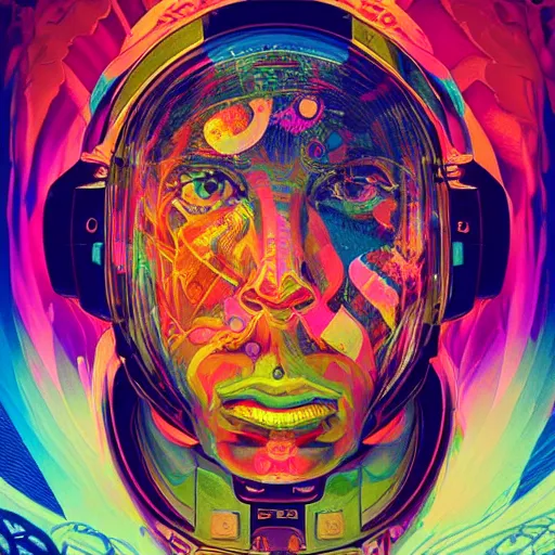 Image similar to An extremely psychedelic experience, colorful, surreal, dramatic lighting, cosmonaut, LSD, face, detailed, intricate, elegant, highly detailed, digital painting, artstation, concept art, smooth, sharp focus, illustration, art by Sam Spratt, Dan Mumford, Artem Demura and Alphonse Mucha