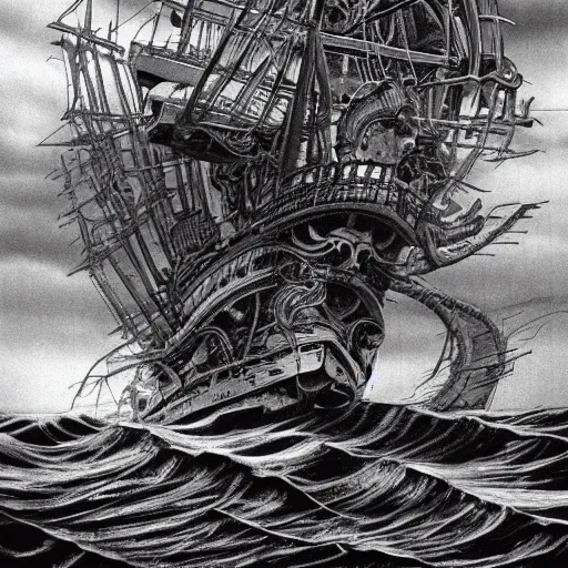 Image similar to a highly detailed hyperrealistic scene of a ship being attacked by giant squid tentacles, jellyfish, squid attack, dark, voluminous clouds, thunder, stormy seas, pirate ship, dark, high contrast, yoji shinkawa, scary, m.c. Escher, highly detailed, brutal, beautiful, octopus arms attacking the ship from the storm, illusion