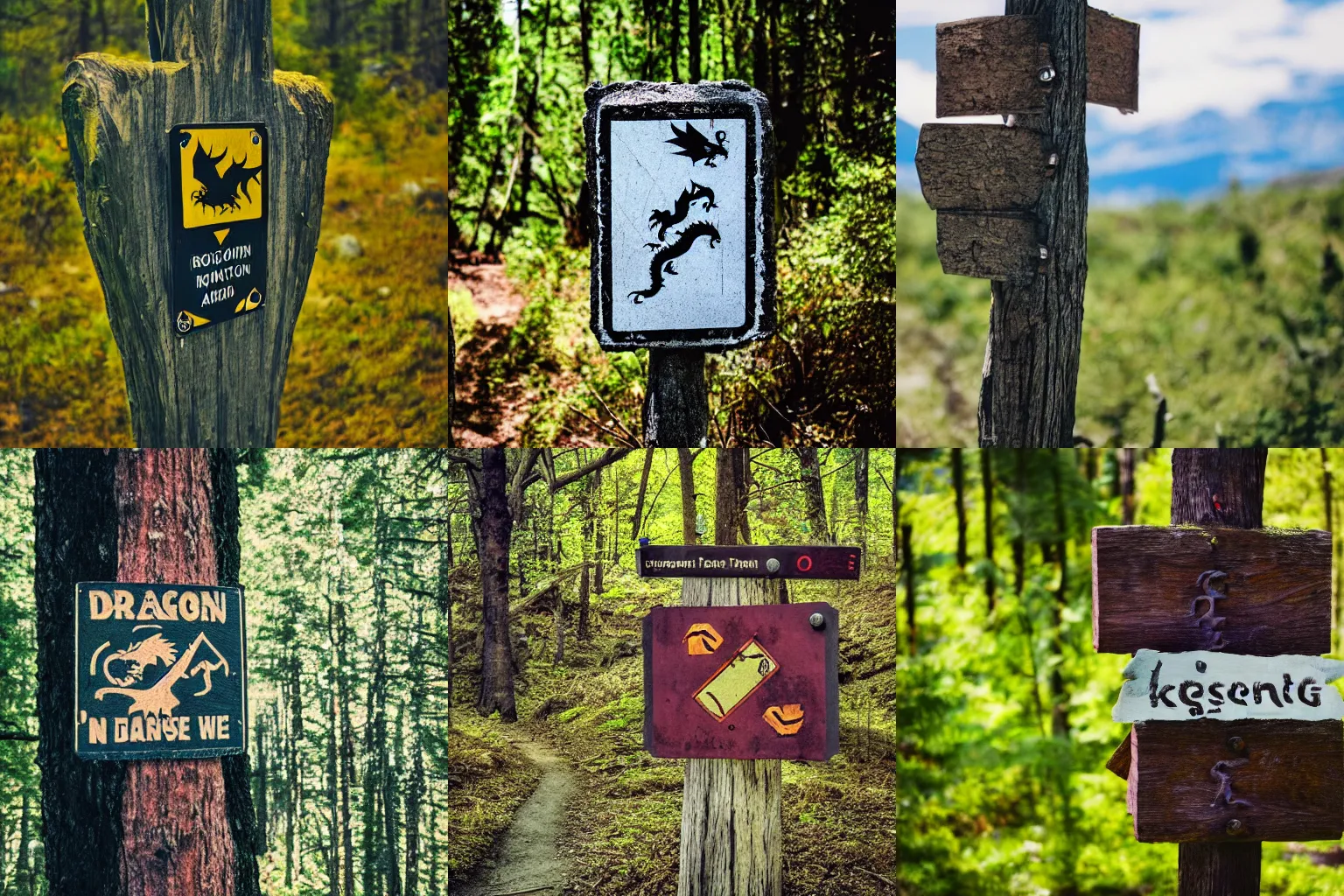 Prompt: still image of a signpost on a hiking trail warning about the presence of dragons on the trail ahead, film photography, 4 k