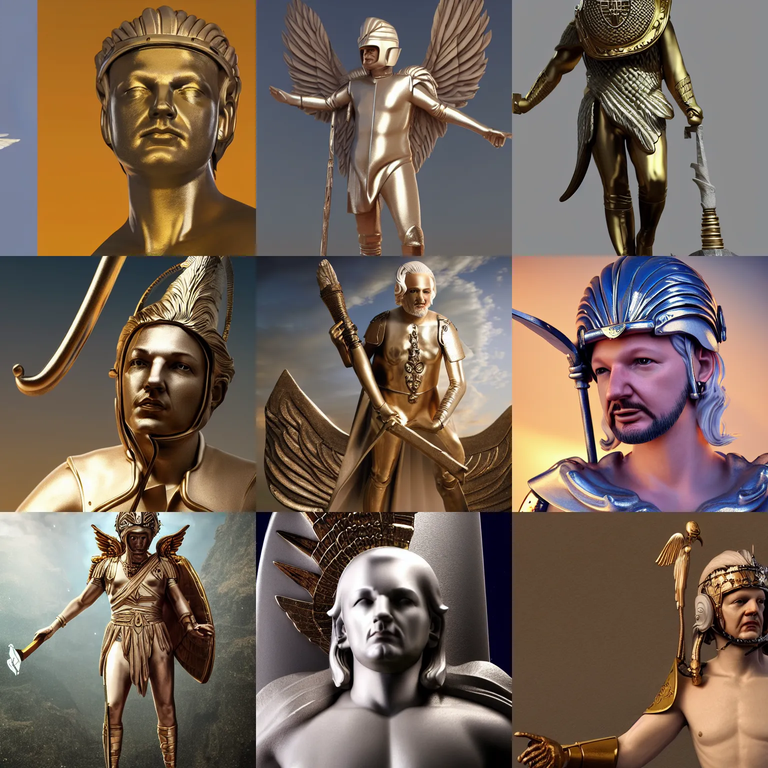 Prompt: Julian Assange as Mercury the messanger of the Roman gods, wearing a helmet and sandals with attached wings and carrying the Caduceus, hyperrealistic, highly detailed, depth of field, High definition, 8k, octane render, artstation