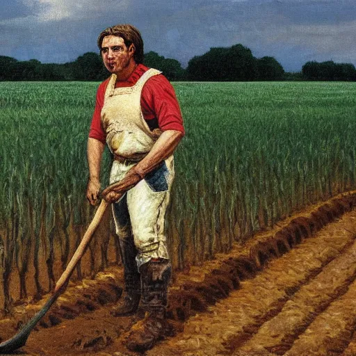 Image similar to - realistic painting of, cain tilling the field, in the style of miguelangel