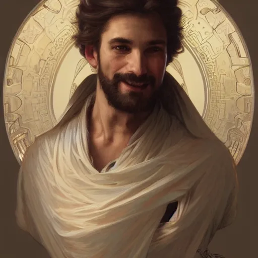 Image similar to portrait of a joyful half - man, half - elephant, intricate, elegant, highly detailed, digital painting, artstation, concept art, smooth, sharp focus, illustration, art by artgerm and greg rutkowski and alphonse mucha and william - adolphe bouguereau