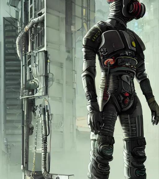 Image similar to realistic cyberpunk japanese engineer with long limbs and a black spacesuit welding a wall, techwear, dead space, visible face, Industrial Scifi, detailed illustration, character portrait, by Martin Grip and Moebius