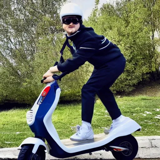 Image similar to oliver tree riding a scooter