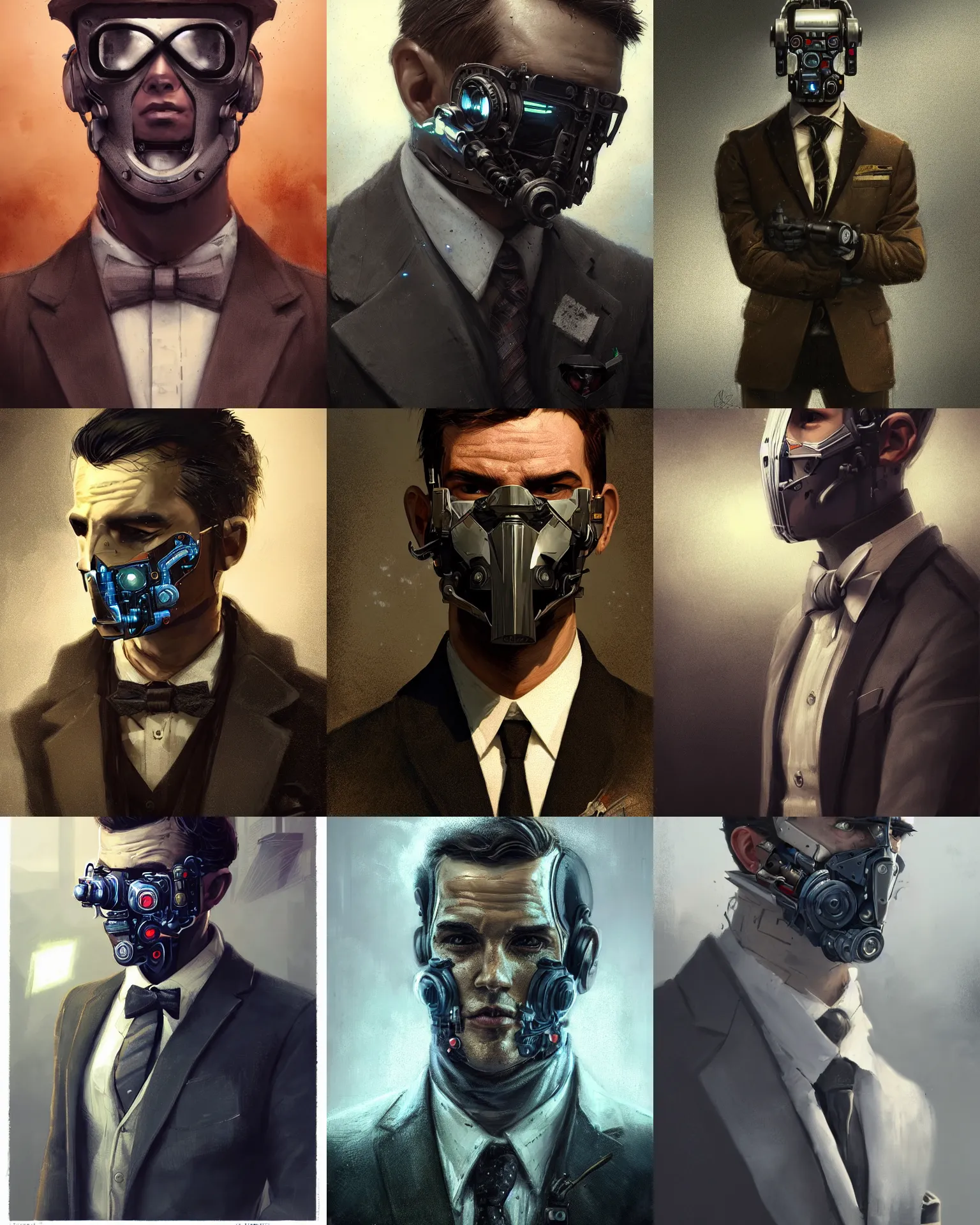 Prompt: a rugged young engineer man with cybernetic enhancements wearing a suit and bowtie, detailed face with small mask, scifi character portrait by greg rutkowski, esuthio, craig mullins, 1 / 4 headshot, cinematic lighting, dystopian scifi gear, gloomy, profile picture, mechanical, half robot, implants, steampunk