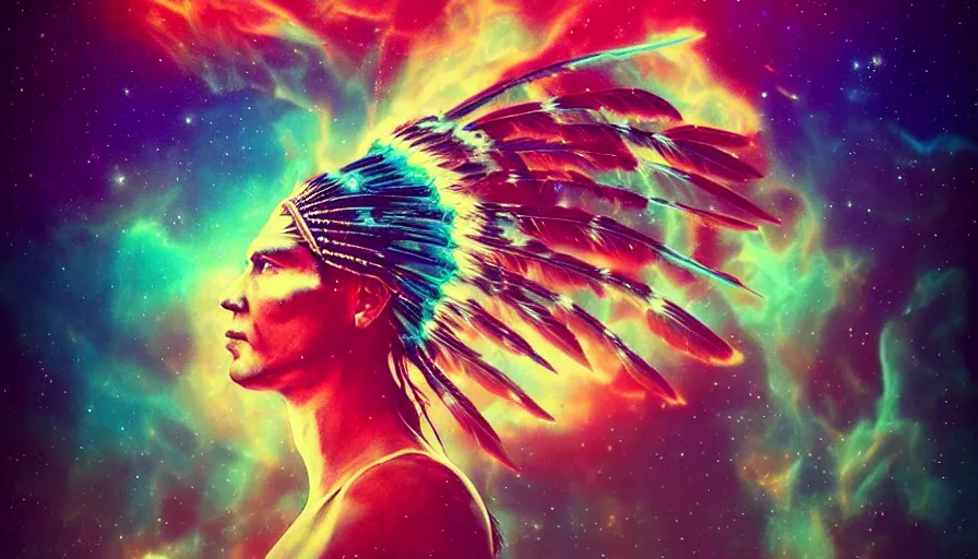 Prompt: a retrowave style artwork of native american headdress merged with a nebula, a land of the dead, divine, hazy, volumetric lighting, spacetime bending, very detailed, serene, gold accents, washed out colors, beautiful artwork, master level composition, raytracing