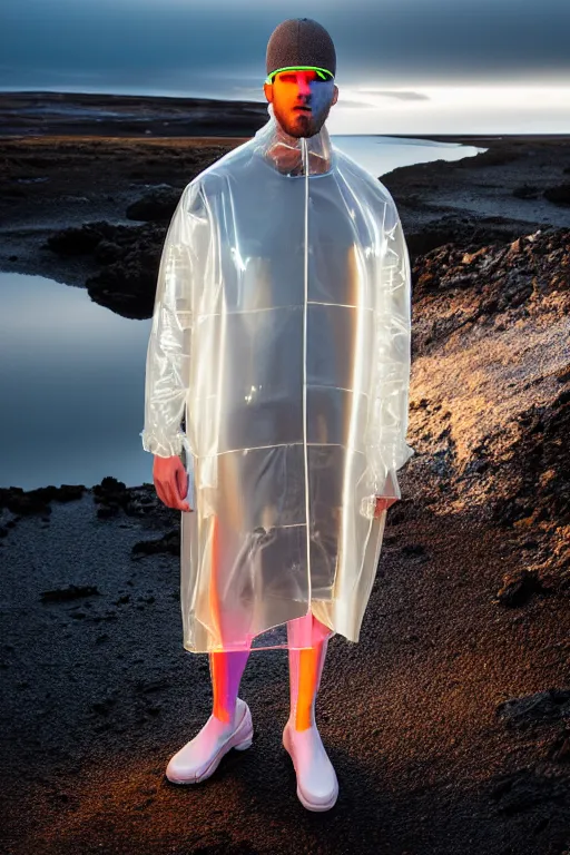 Image similar to an ultra high definition professional high fashion portrait studio full length photograph of a male model wearing a transparent pearlescent raincoat and neon visor in an icelandic black rock environment at dawn. no artefacts. extremely detailed. stark. refraction. shallow depth of field. volumetric light and shadow. ray tracing. light rays.