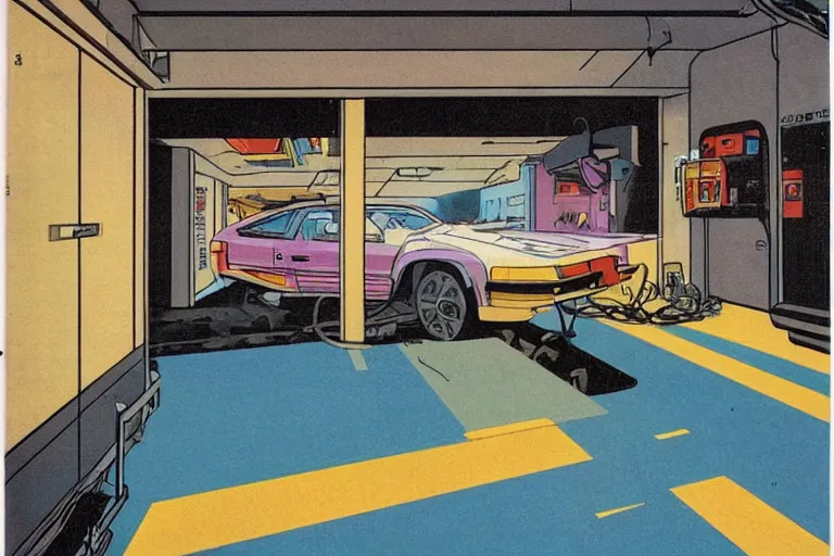 Prompt: 1979 OMNI Magazine Cover depicting a garage car-lift and a surgery room. Cyberpunk Akira style by Vincent Di Fate