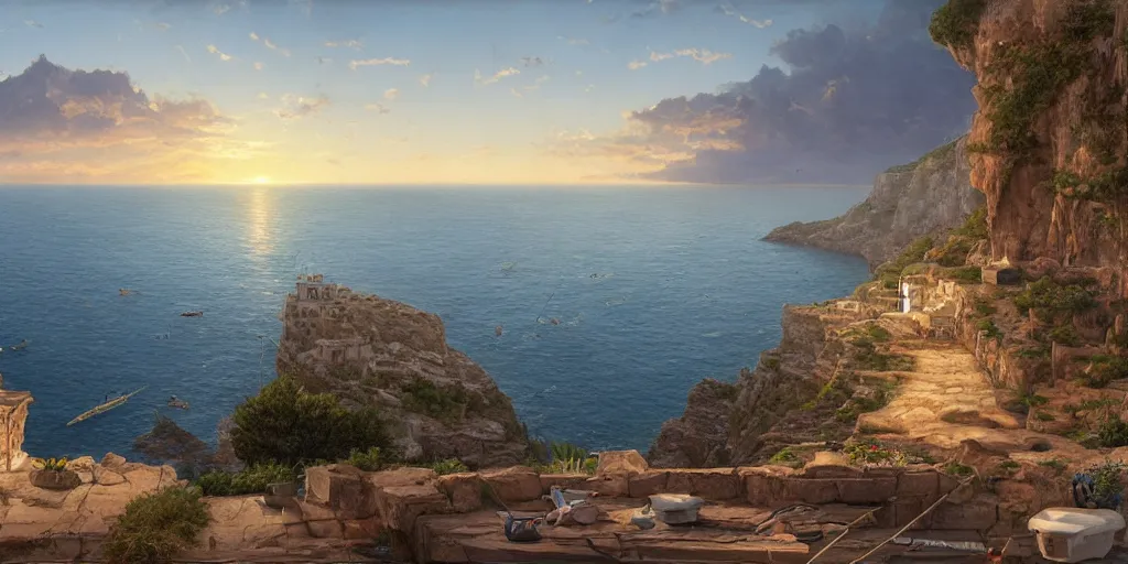 Image similar to looking out a house window on a cliff, fishing supplies on shelf near window, wide angle, sunset, a mediterranean phoenician fishing village below, over a chalk cliff, highly detailed, digital painting, artstation, concept art, sharp focus, illustration, art by artgerm and greg rutkowski and raphael lacoste and magali villeneuve