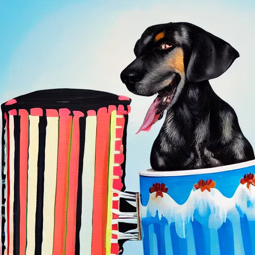 Image similar to a dog plays accordion sitting on the rim of a giant can of paint, its toes dipped into the paint