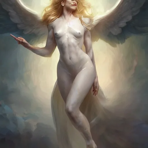 Prompt: Portrait of Jeri Ryan as a beautiful pale laughing angelic maiden with angel wings, and a glowing halo, white lighting, digital art by Ruan Jia and Mandy Jurgens and Artgerm, highly detailed, trending on artstation, award winning,