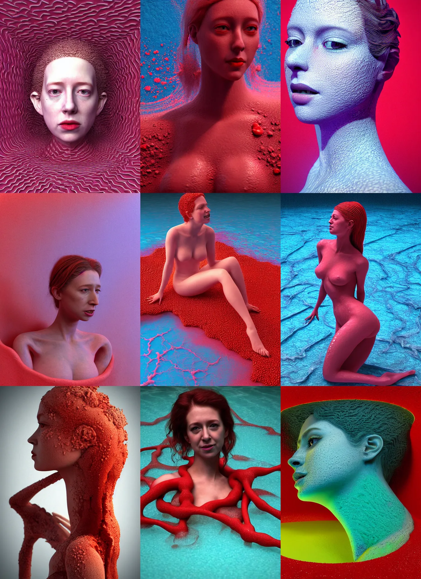 Prompt: hyper detailed 3d render like a Oil painting - very coherent Concrete displacement mapped profile subsurface scattering (a beautiful fae princess protective playful expressive from that looks like Elizabeth Holmes) seen red carpet photoshoot in UVIVF posing in caustic light pattern pool of water to Eat bite of the Strangling network of yellowcake aerochrome and milky Fruit and His delicate Hands hold of gossamer polyp blossoms bring iridescent fungal flowers whose spores black the foolish stars by Jacek Yerka, Ilya Kuvshinov, Mariusz Lewandowski, Houdini algorithmic generative render, golen ratio, Abstract brush strokes, Masterpiece, Victor Nizovtsev and James Gilleard, Zdzislaw Beksinski, Tom Whalen, Mark Ryden, Wolfgang Lettl, hints of Yayoi Kasuma and Dr. Seuss, Grant Wood, octane render, 8k