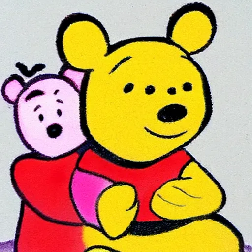 Image similar to child's crayon drawing of pooh bear and piglet