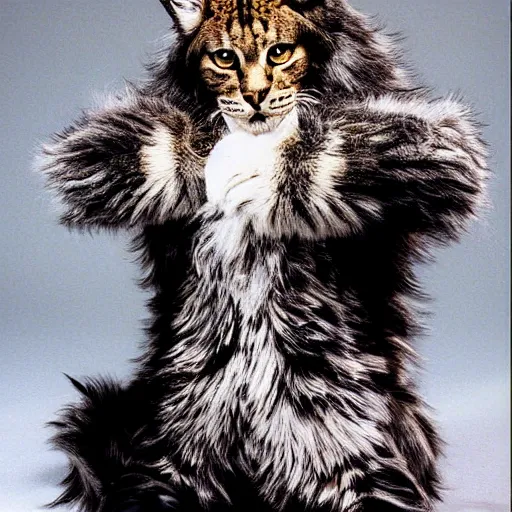 Image similar to 📷 john partridge playing rum tum tugger, spike collar, fluffy neck, cats the musical 🎶, 1 9 9 8 version, professional cat - like makeup, stunning choreography and lighting