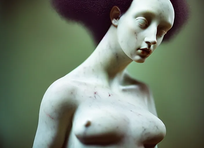 Prompt: cinestill 5 0 d photo portrait of a beautiful hybrid woman - statue in style of tim walker by roberto ferri, body skin weird marble, hair is intricate tulle, 5 0 mm lens, f 1. 2, sharp focus, ethereal, emotionally evoking, head in focus, bokeh volumetric lighting, tonal colors outdoor