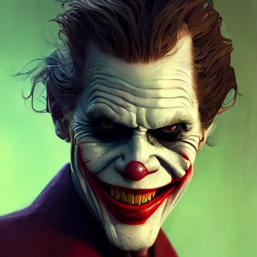 Image similar to willem dafoe as joker, ultra high detailed, oil painting, greg rutkowski, charlie bowater, yuumei, yanjun cheng, unreal 5, daz, hyperrealistic, octane render, rpg portrait, dynamic lighting