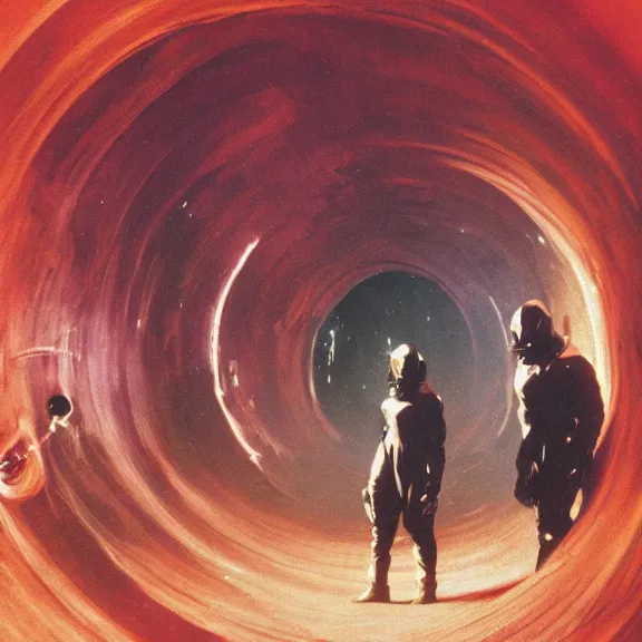 Image similar to two scientists wearing red rick owens hazmat suits in a glowing nebula wormhole tunnel by frank frazetta