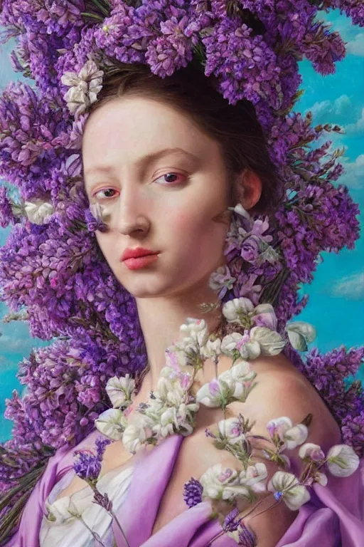 Prompt: hyperrealism close-up mythological portrait of a huge number of lavender flowers merged with with female, turquoise palette, pale skin, wearing fuchsia silk robe, in style of classicism